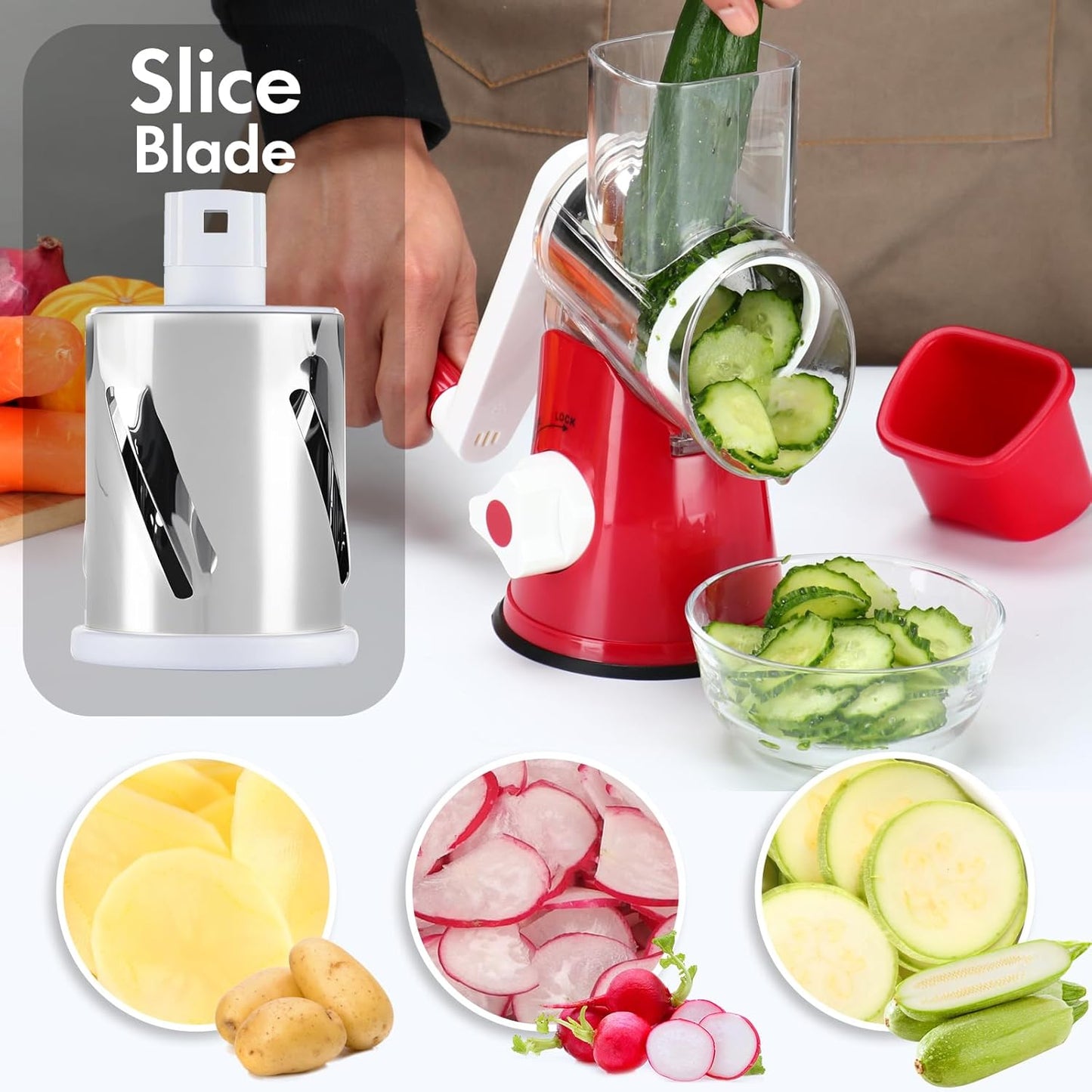 ⚡ Speed-Master Rotary Cheese Grater – Slice & Shred 1lb of Cheese in 30 Seconds! (3-in-1 Hand Crank)