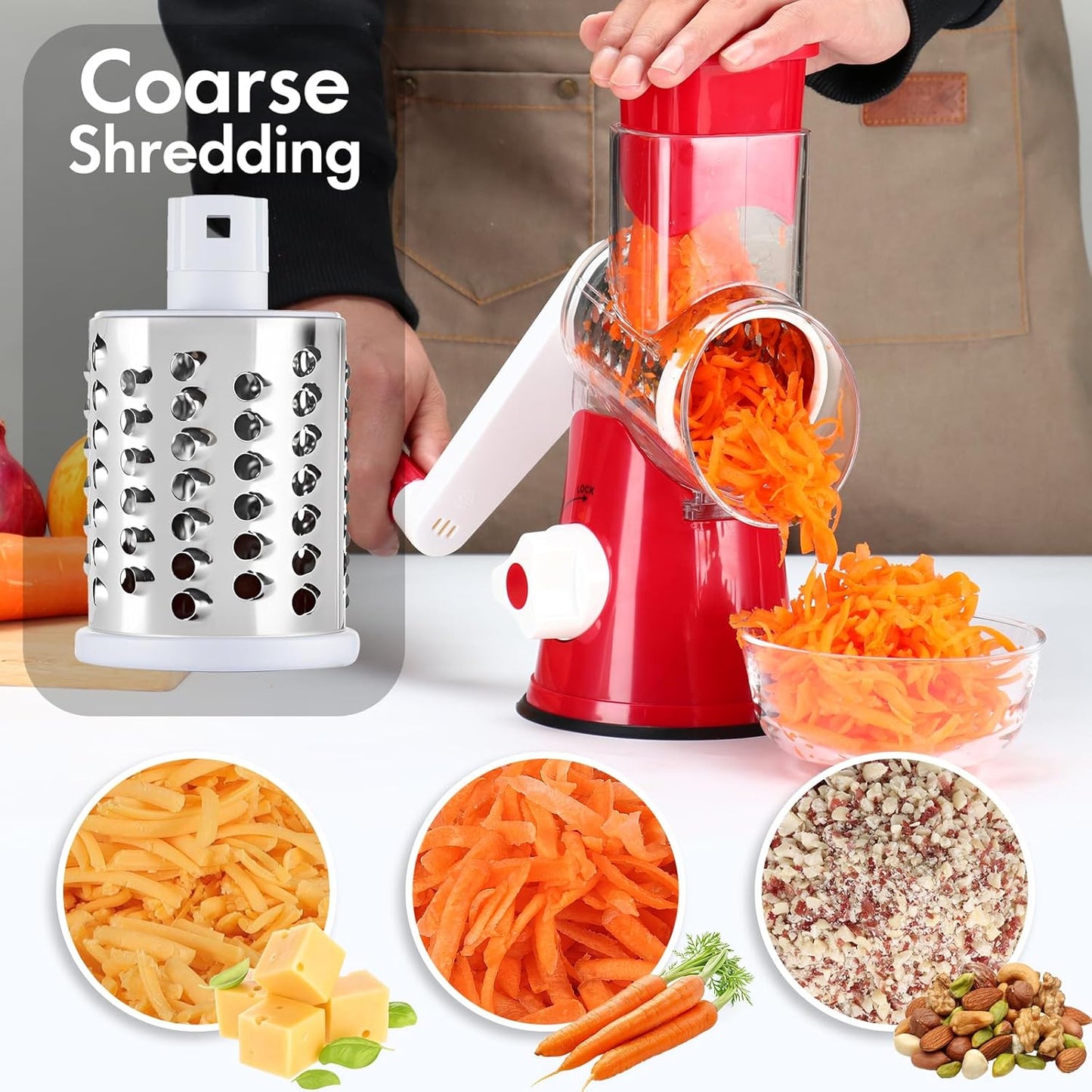 ⚡ Speed-Master Rotary Cheese Grater – Slice & Shred 1lb of Cheese in 30 Seconds! (3-in-1 Hand Crank)