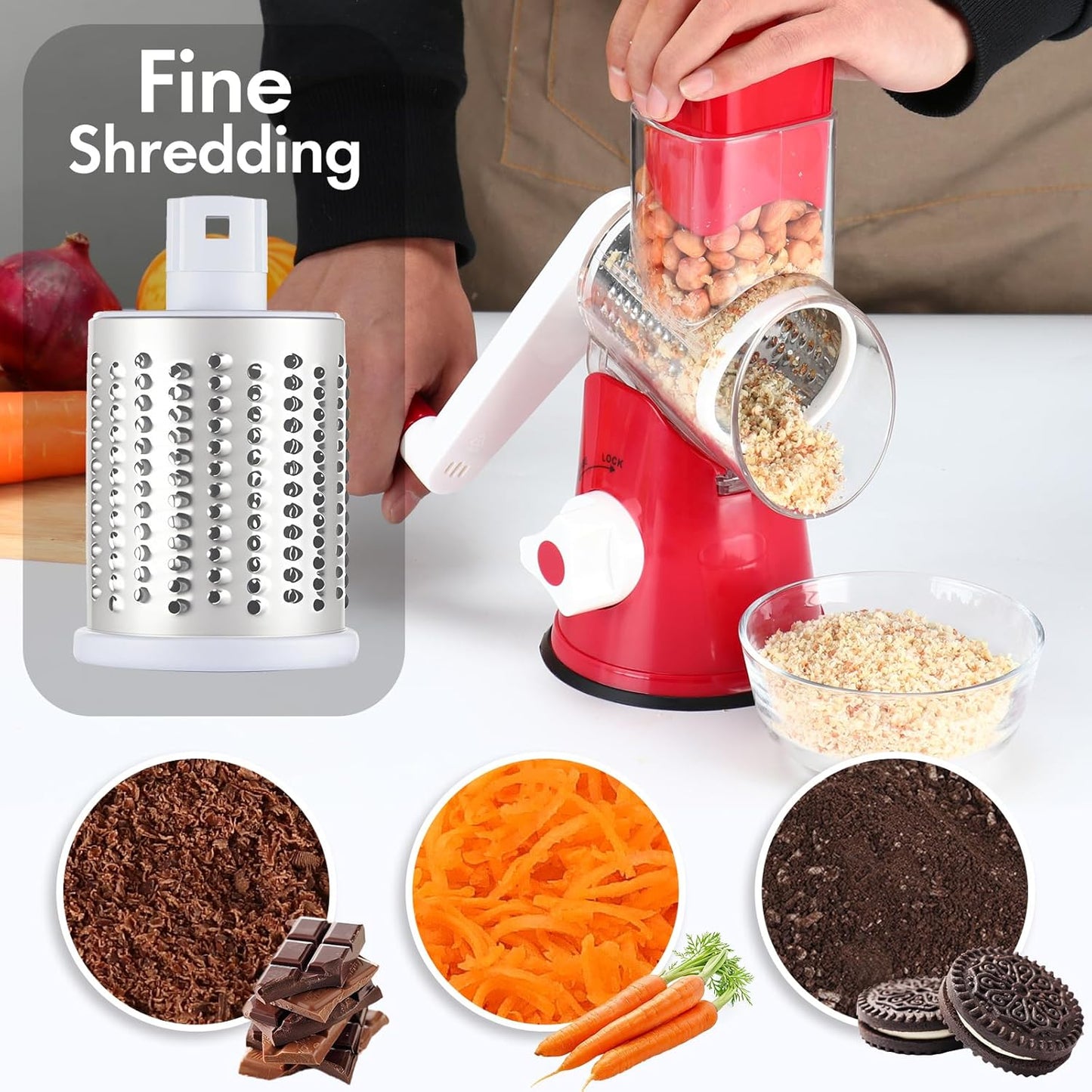 ⚡ Speed-Master Rotary Cheese Grater – Slice & Shred 1lb of Cheese in 30 Seconds! (3-in-1 Hand Crank)